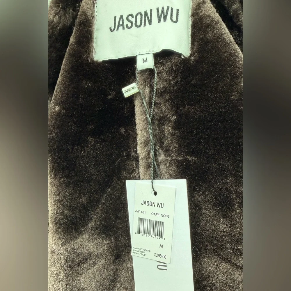Jason Wi Shearling long Coat Cafe Noir Brown Teddy Lined Button Front Size M NWT - Picture 7 of 8